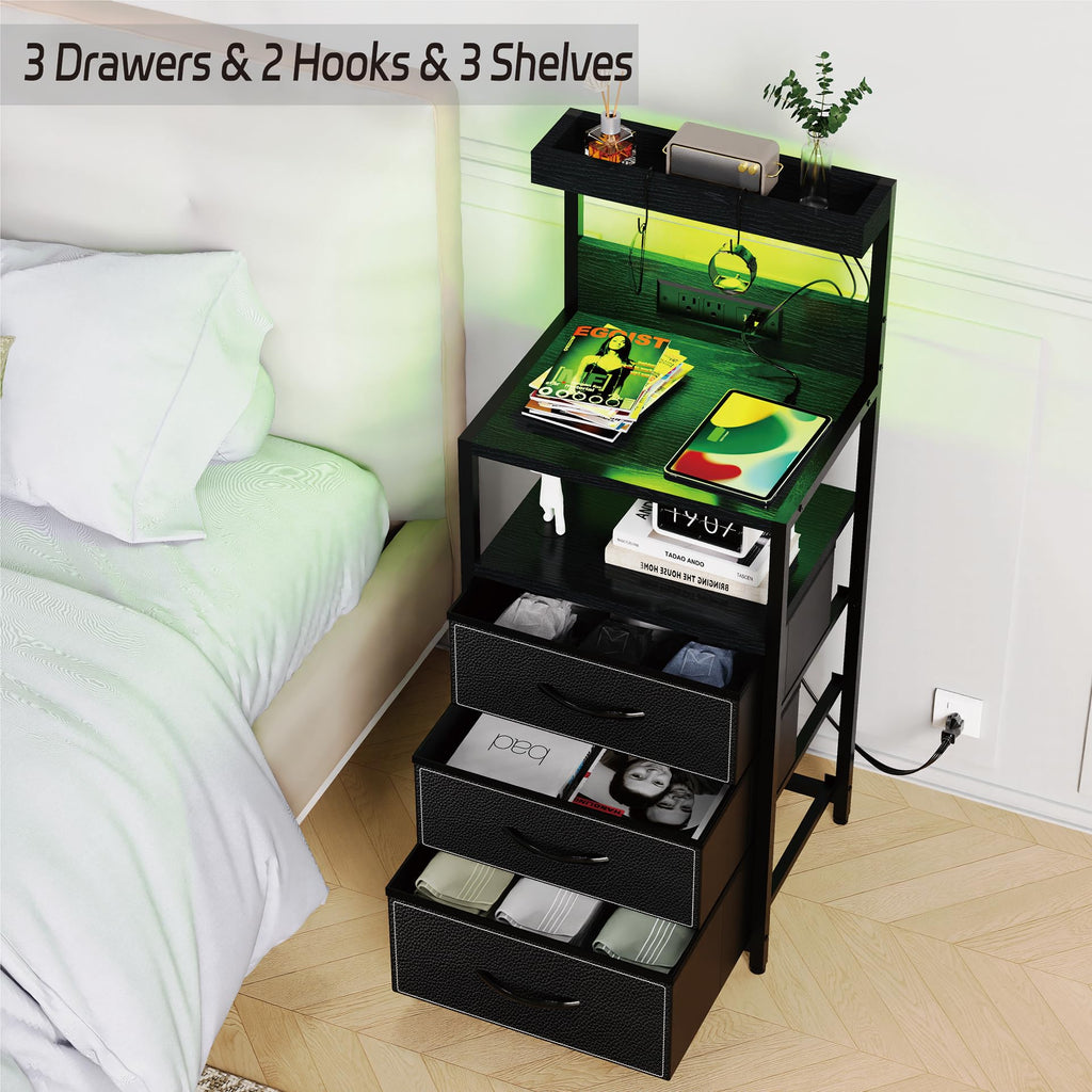 LED Nightstand with Charging Station, 3 Fabric Drawers, Black