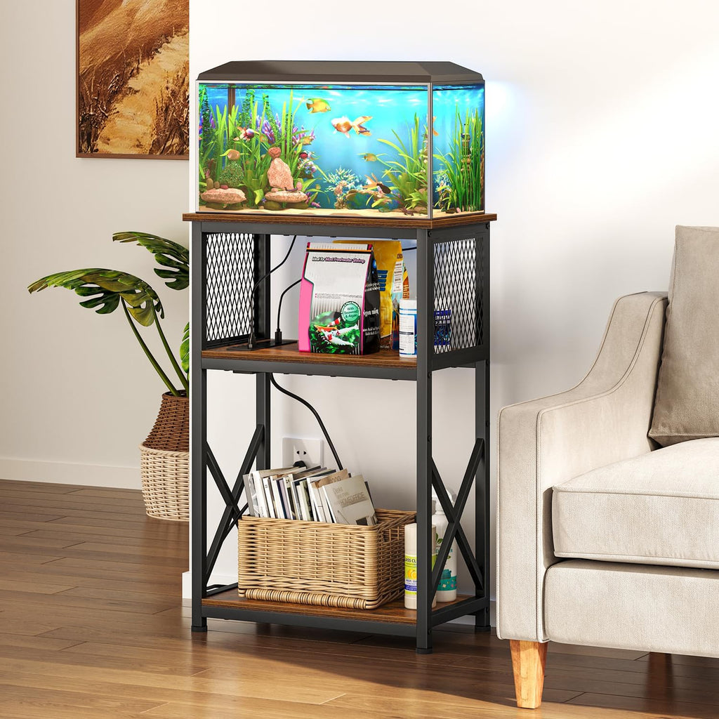 10 Gallon Fish Tank Stand with Power Outlets, Aquarium Stand with Storage, 3 Tier Heavy Metal Reptile Tank Stand Fish