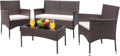 Greesum Patio Furniture 4 Pieces Conversation Sets Outdoor Wicker Rattan Chairs Garden Backyard Balcony Porch Poolside