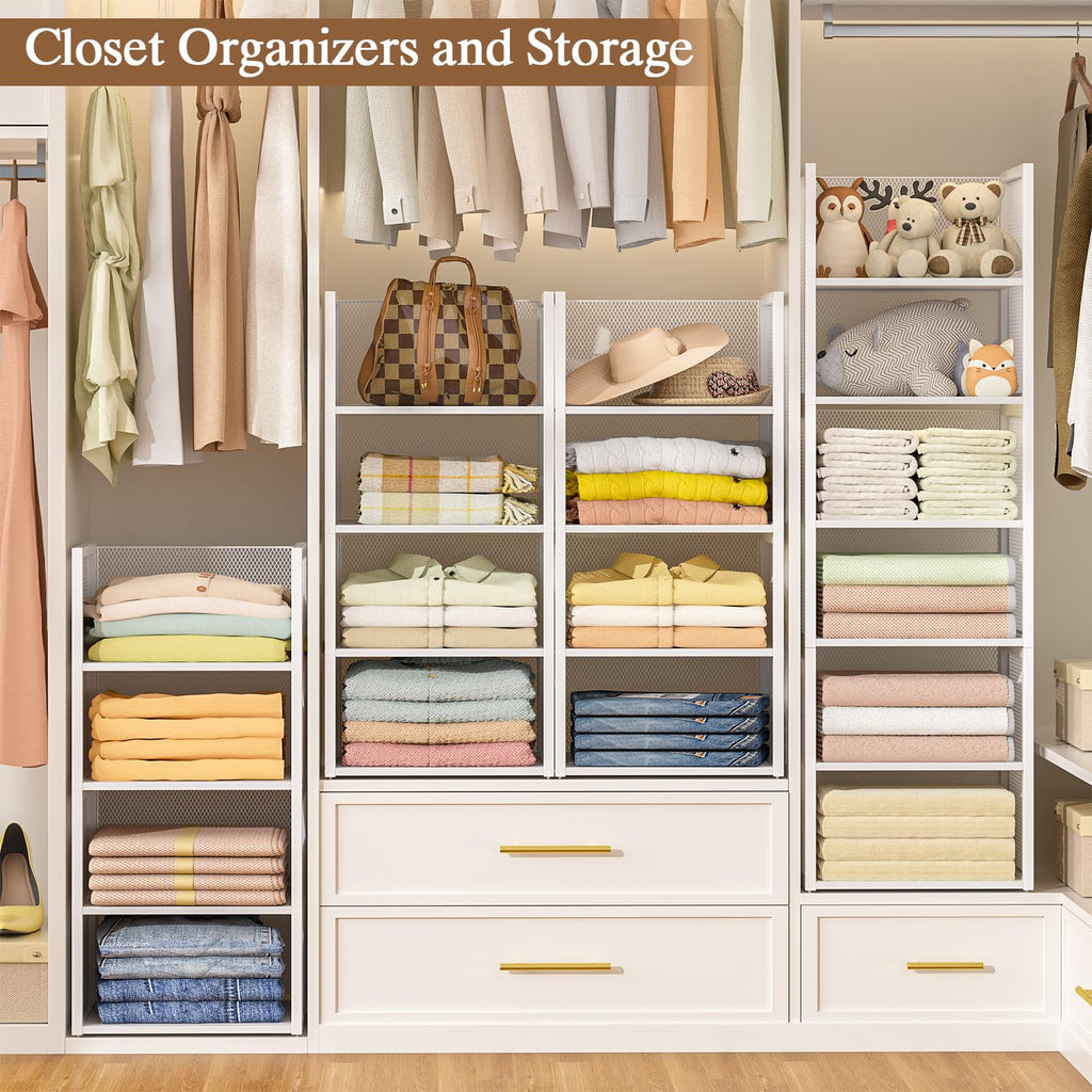 4-Tier Stackable Closet Organizers and Storage Basket, Wire Clothes Shelf Organizer Bins, Sweater Storage for