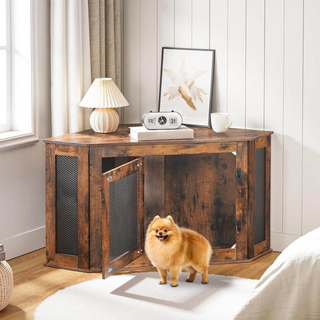 Corner Dog Crate Furniture, Wooden Dog Kennel End Table, Decorative Pet Crate Indoor Use