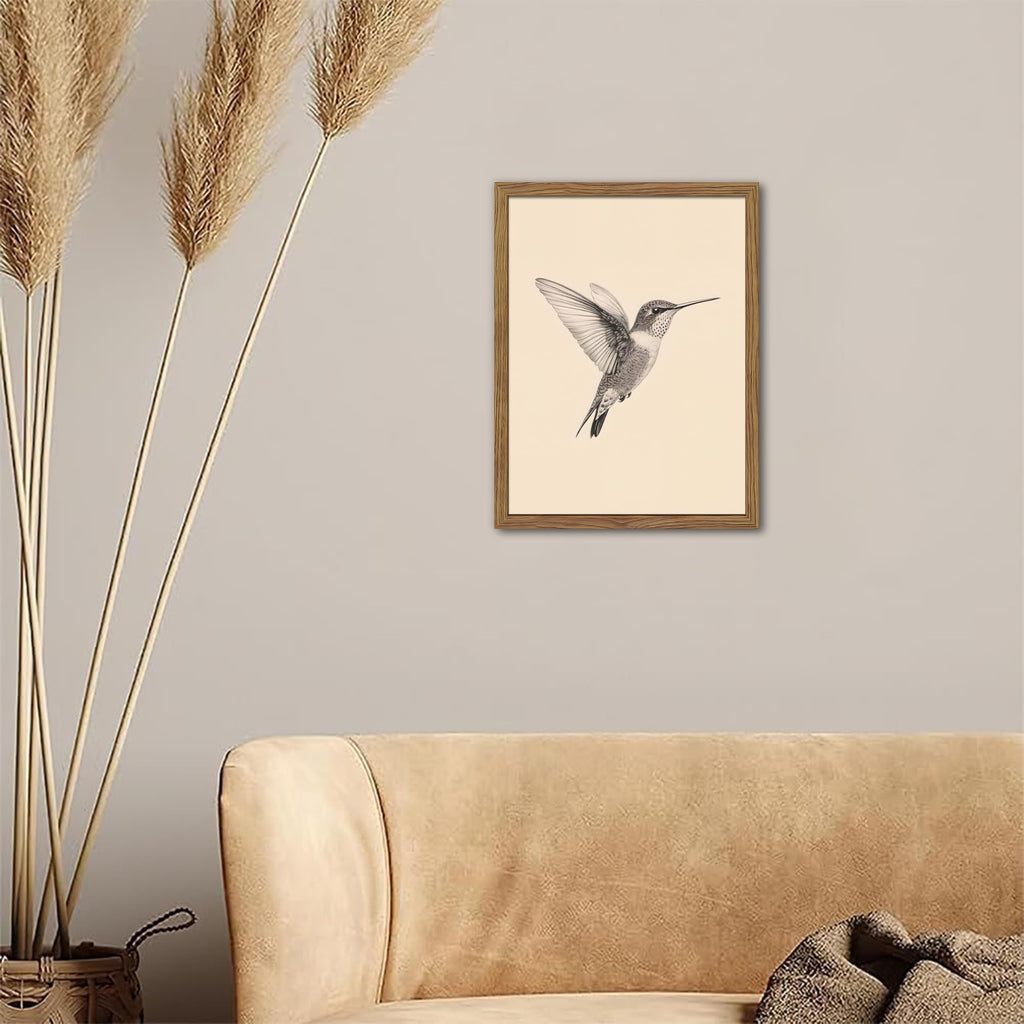 Vintage Framed Wall Art, Birds Canvas Prints, Hummingbird Sketch Painting Picture, Neutral Farmhouse Artwork Wall