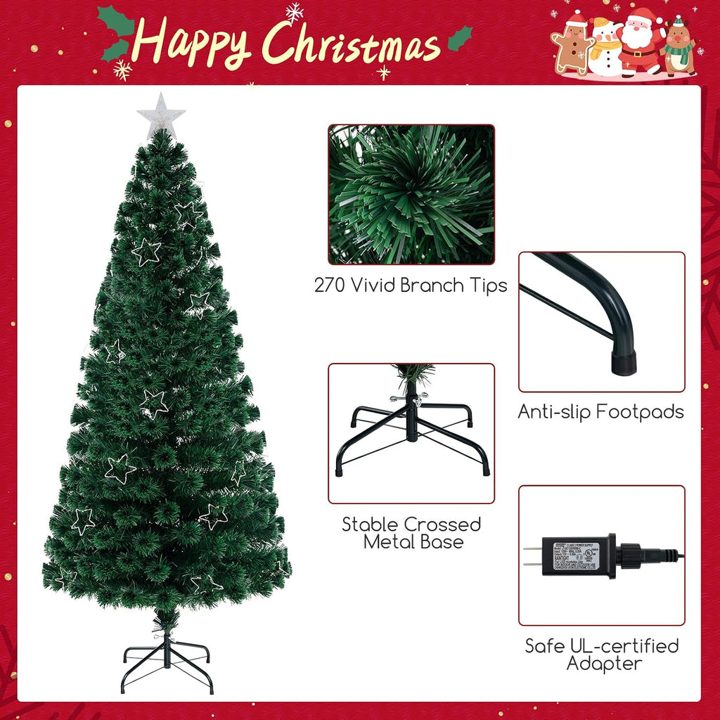 7ft Pre-Lit Fiber Optic Christmas Tree, Artificial Lighted Xmas Tree with 48 Warm-White Shape-Adjustable Star String