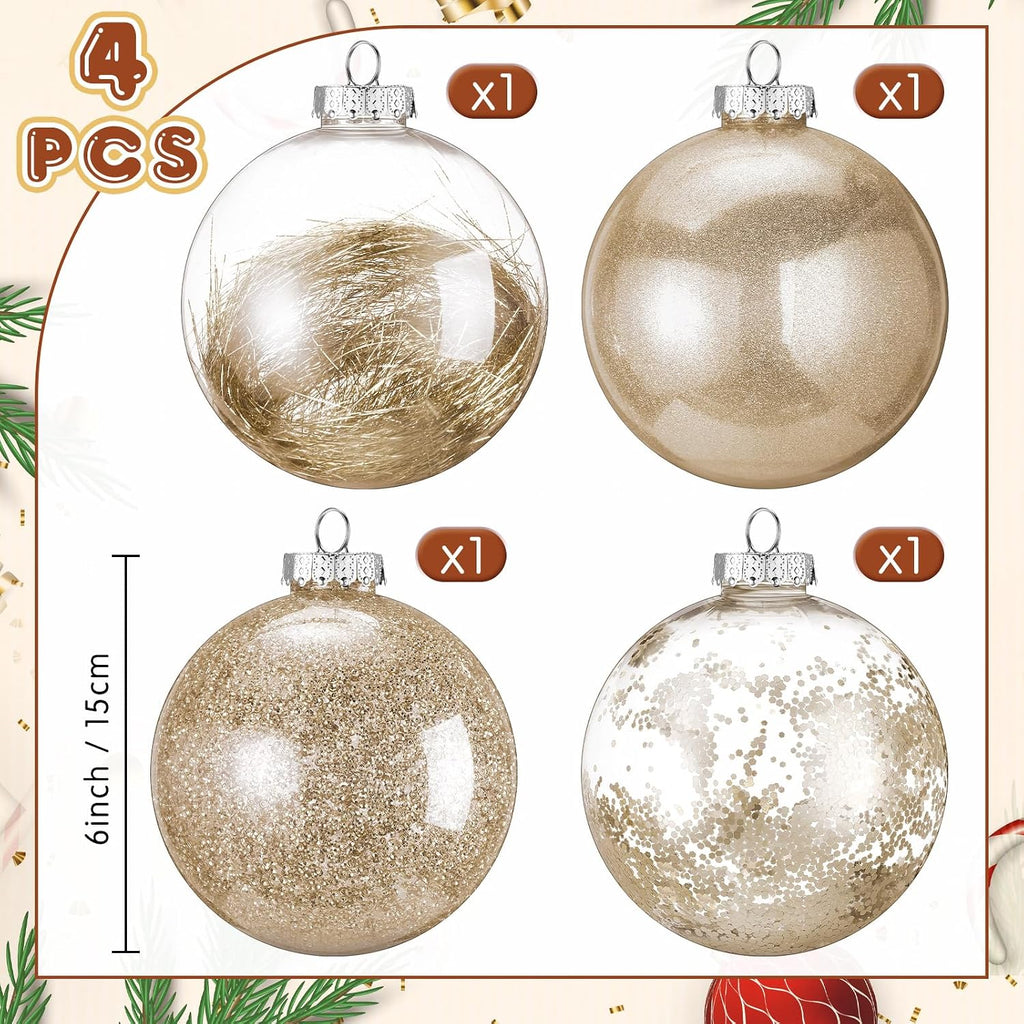 4 Pcs 6 Inch Large Clear Plastic Christmas Ball Ornaments Christmas Decoration Balls Xmas Bulbs Ornaments Balls