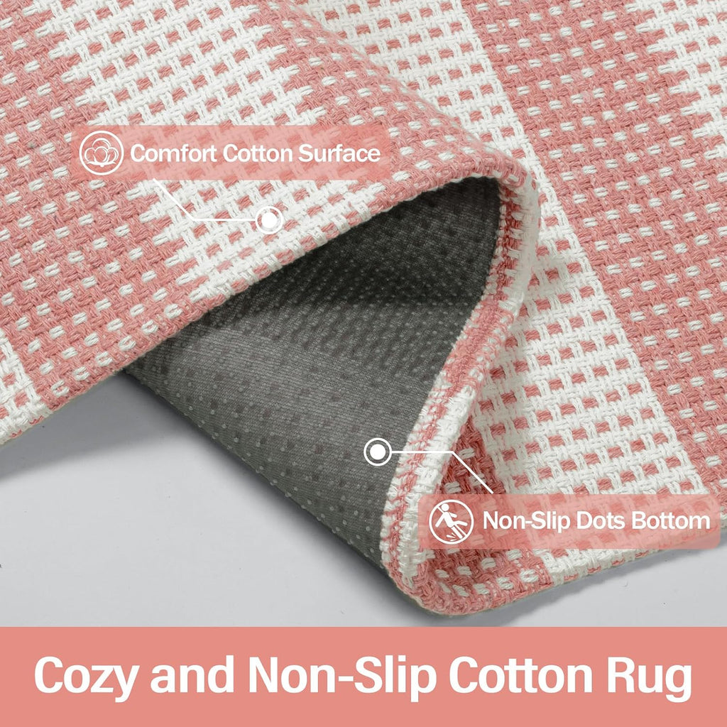 Washable Pink Woven Area Rug, Natural Striped Cotton Living Room Rugs Low Plie Non-Slip Outdoor Patio Rug, Modern