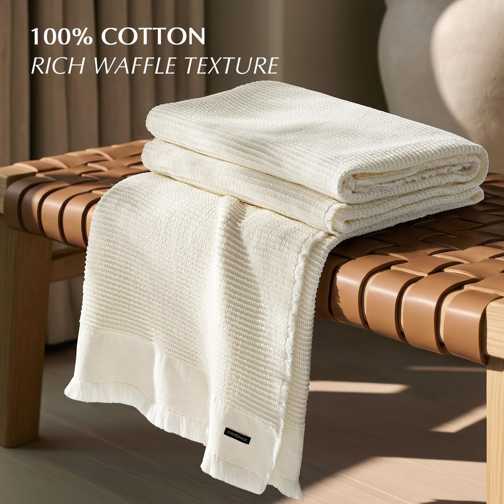 100% Organic Cotton Waffle Throw Blanket, Ivory White, 60"x80"