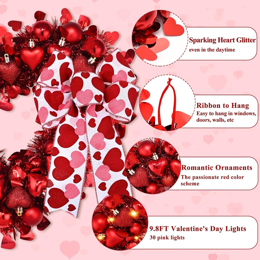 14.2'' Valentines Day Wreath, Heart Wreaths for Front Door, Red Valentine Wreath Decorations with Bowknot Lights