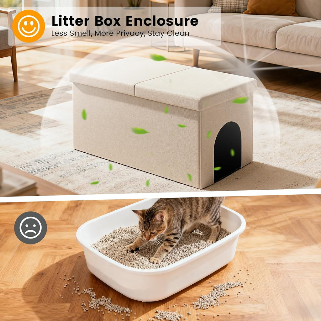 3-in-1 Cat Litter Box Enclosure Furniture, Beige