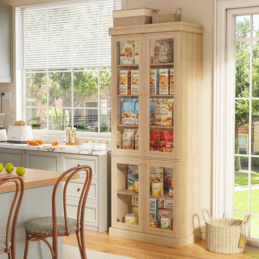 70.8" Tall Brown Bookshelf with Glass Doors, Farmhouse Modular Bookcase with 6-Tier Adjustable Shelves, Large Storage