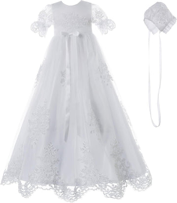 Baby Girls Baptism Delicate Embroideried Gown with Bonnet for 0-15 Months (NB, White)