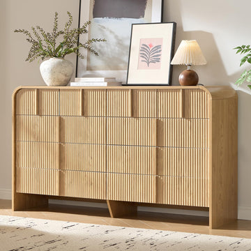 55.1" Wide 10 Drawer Dresser, Fluted Dresser, Oak