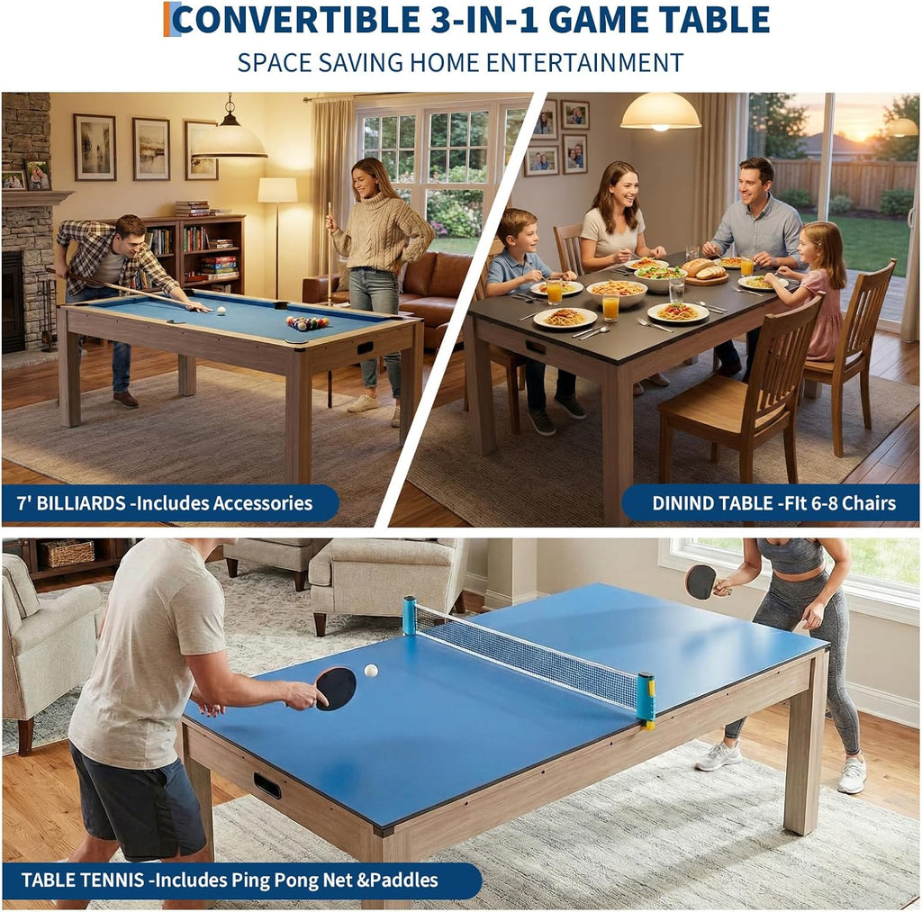 7 ft Pool Table Combo,3 in 1 Pool, Dining, & Table Tennis with Full Accessories,HDF Wood Grain Finish & Chrome Accents