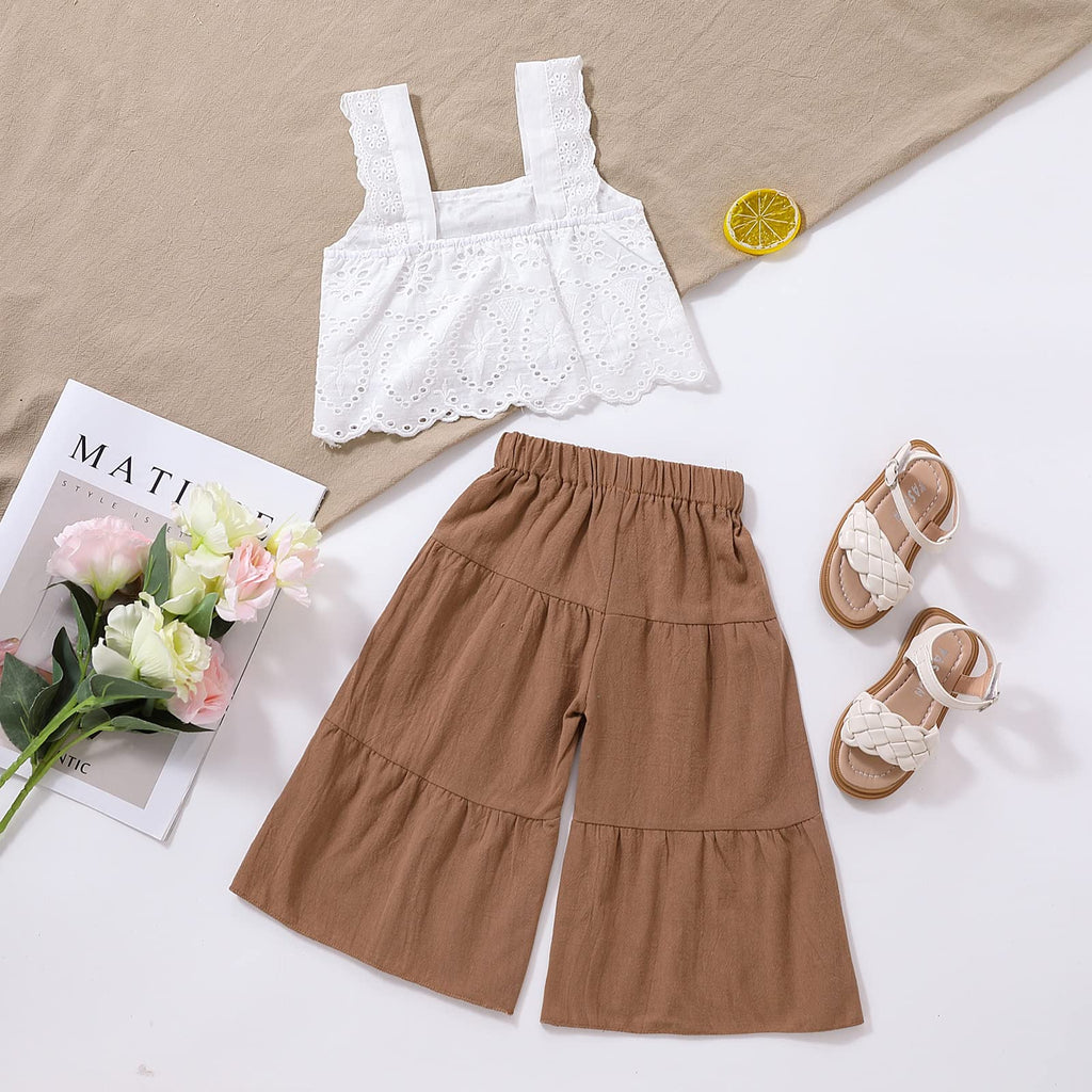 2PCS Baby Girl Sleeveless Strap Lace Crop Vest Tops + Flared Wide-Leg Pants Toddler Summer Outfits Set Clothes