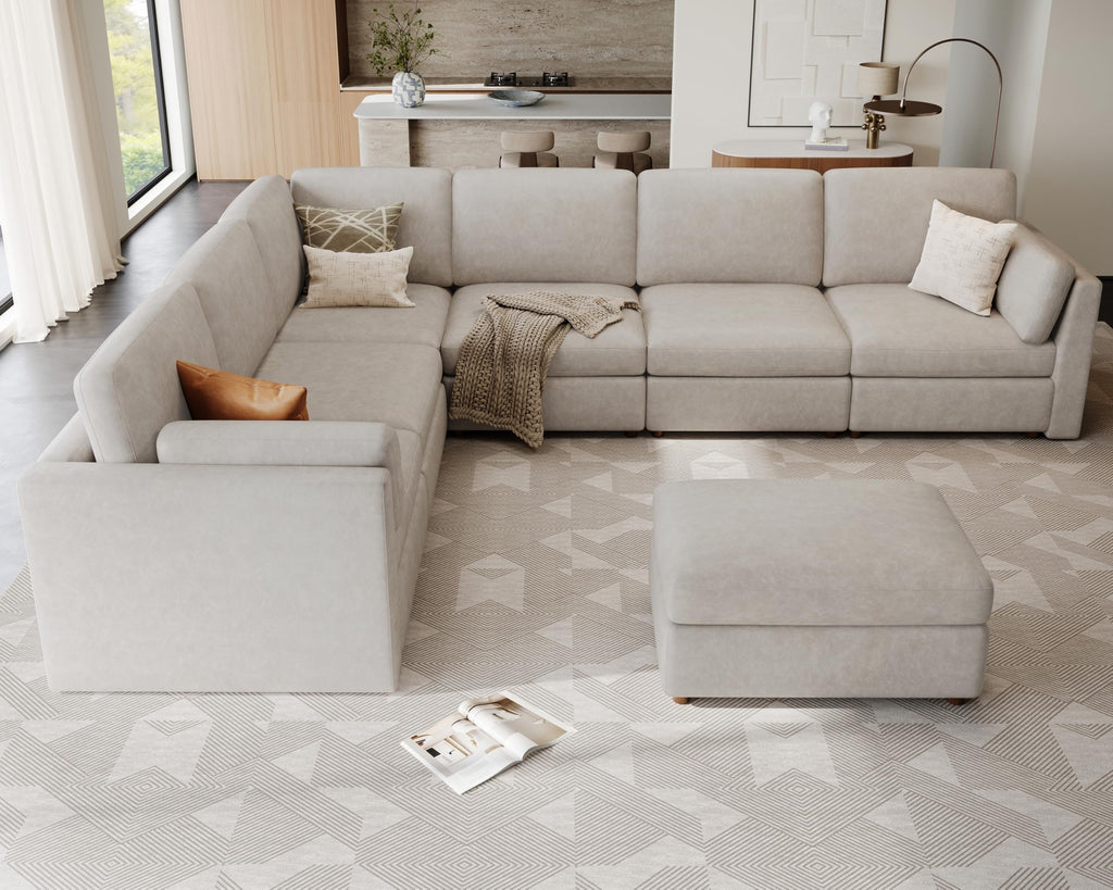 Faux Leather Modular Sectional Sofa Wide V Shaped Couches Beige
