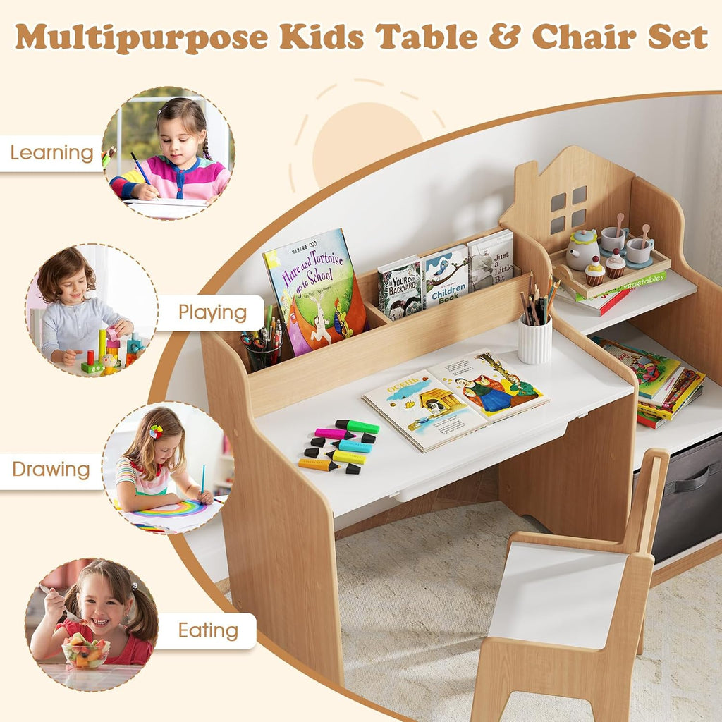 Kids Desk and Chair Set, Wooden Children School Study Table and Chair w/2 Drawers, Hutch, Storage Shelves, Student