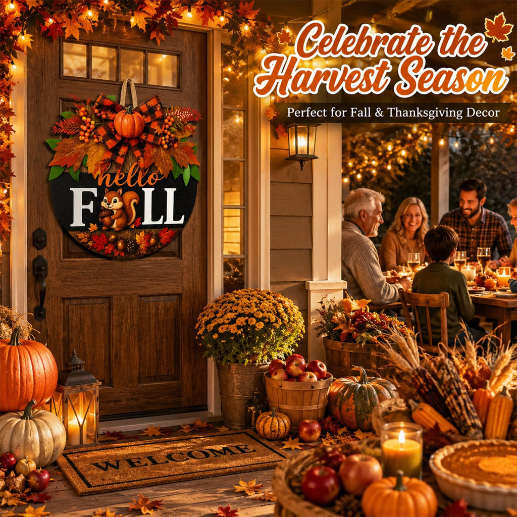 Fall Wreaths for Front Door Hello Fall Squirrel Door Hanger Thanksgiving Decor (Cute Hello Fall)