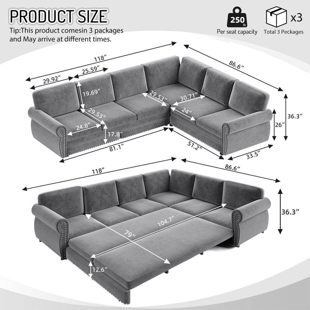 118" L-Shaped Sofa Couch with Pull Out Bed, Oversize Convertible Sectional Sleeper Sofa with Nailhead Trim & Rolled