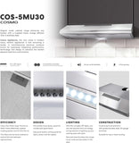 Stainless Steel Under Cabinet Range Hood Push Button Control, LED Lights, Reusable Filters, Ducted