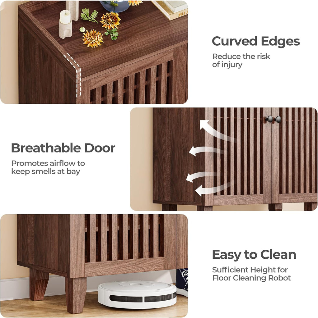 Shoe Cabinet with Slatted Doors, 6-Tier Shoe Storage Cabinet with Adjustable Shelves, Wooden Shoe Rack Organizer