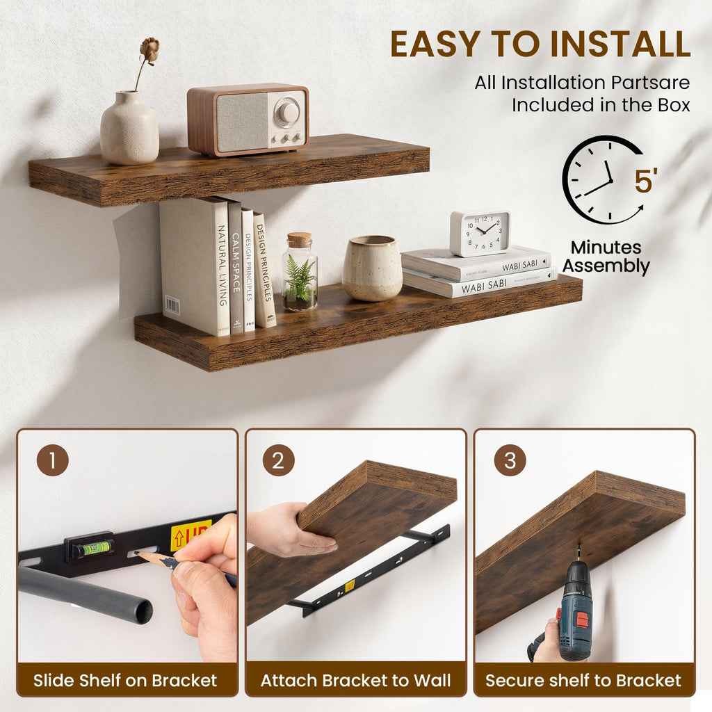 Floating Shelves for Wall, 28 Inch Wall Mounted Storage and Display Set of 2 Rustic Brown