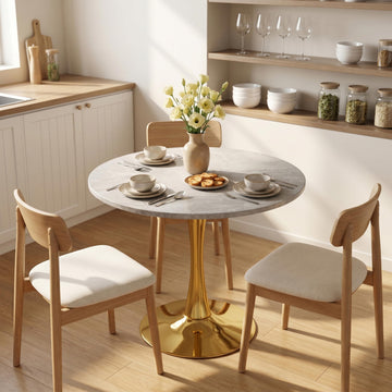 27.6" Marble Round Tulip Table, Mid-Century Modern Style Dining Table with Gold Pedestal Base for 2-4 People
