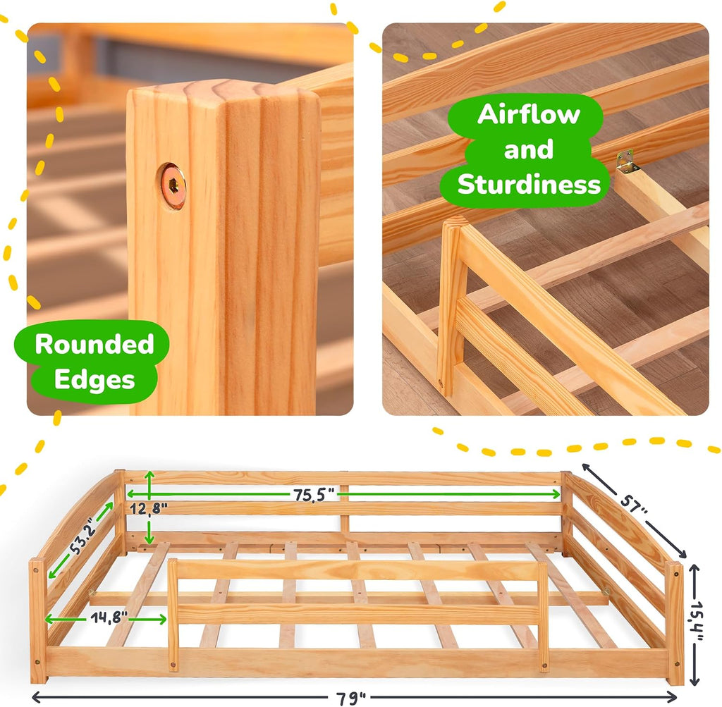 Floor Bed for Kids with Rails & Wood Slatted Frame