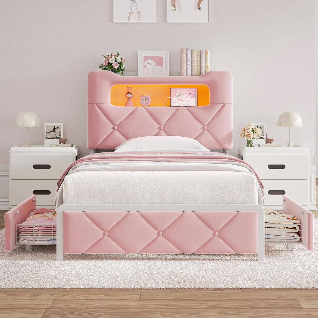 Twin Upholstered LED Bed Frame with 2 Storage Drawers and 2-Tier Storage Bookcase Headboard, Velvet Princess Platform