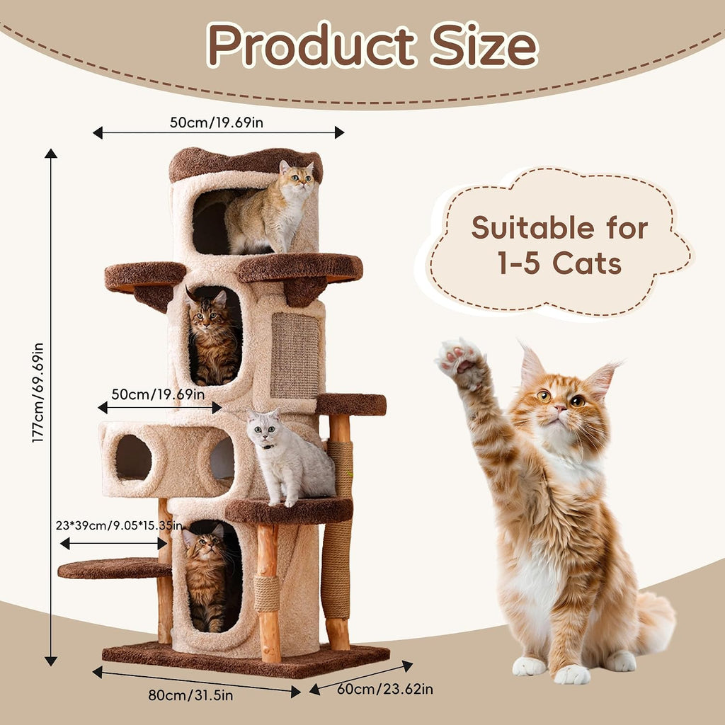 Cat Tree Tower for Large Cats, 69" Tall Heavy Duty Modern Cat Tower with Natural Wood Trunks, Multi-Level Cat Condo &