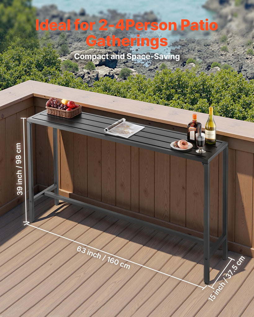 Outdoor Bar Table, 63 x 15 Bar Table, Waterproof Top & Sturdy Metal Frame, Rectangle Counter Height Dining Tables