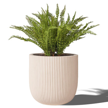 16" Pillar Fluted Outdoor Planter, Off-White, Modern Round Plant Pot