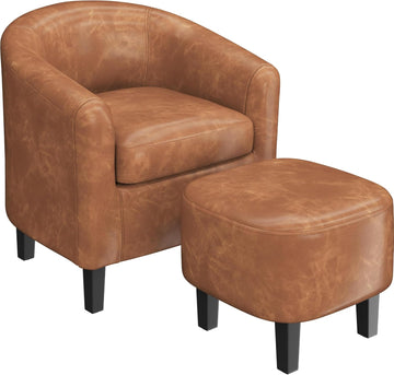 Accent Chairs with Ottoman, Faux Leather Barrel Chairs, Brown