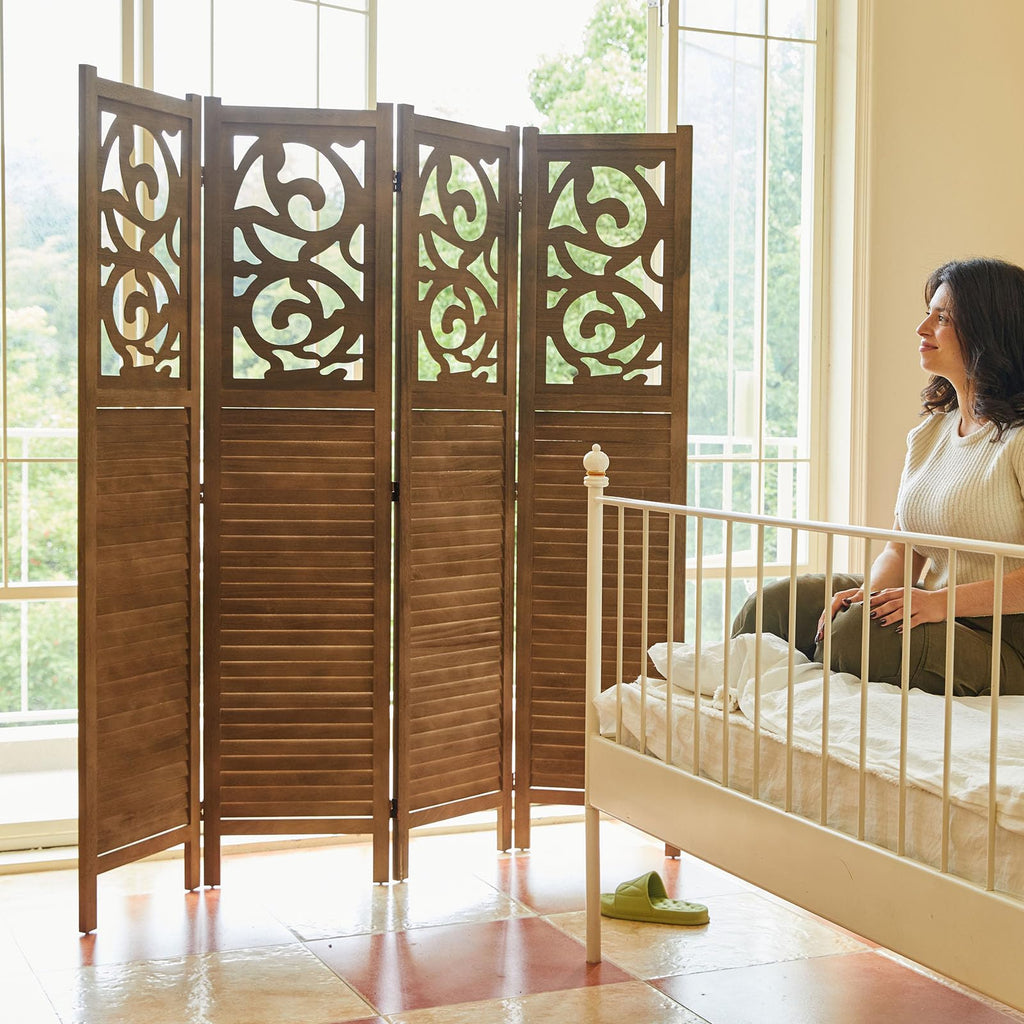 Folding Room Divider, 5.6Ft 4 Panels Wood Carved Privacy Screens, Free Assembled Freestanding Portable Reversible