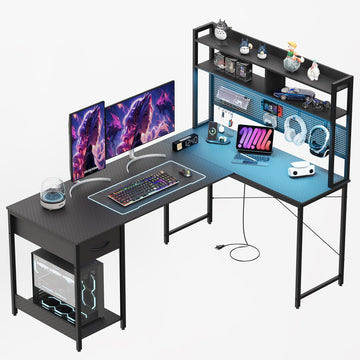 L Shaped Gaming Desk 53" with Hutch, LED Light and Drawer | Carbon Fiber Surface, Storage Shelves, Pegboard with