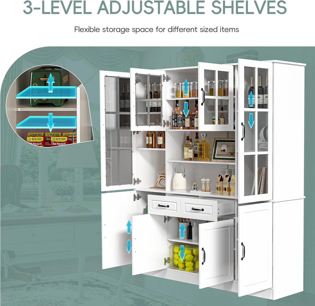 MU Kitchen Storage Cabinet with Glass Doors, Large China Hutch with 2 Drawers & 5 Adjustable Shelves, Kitchen Pantry