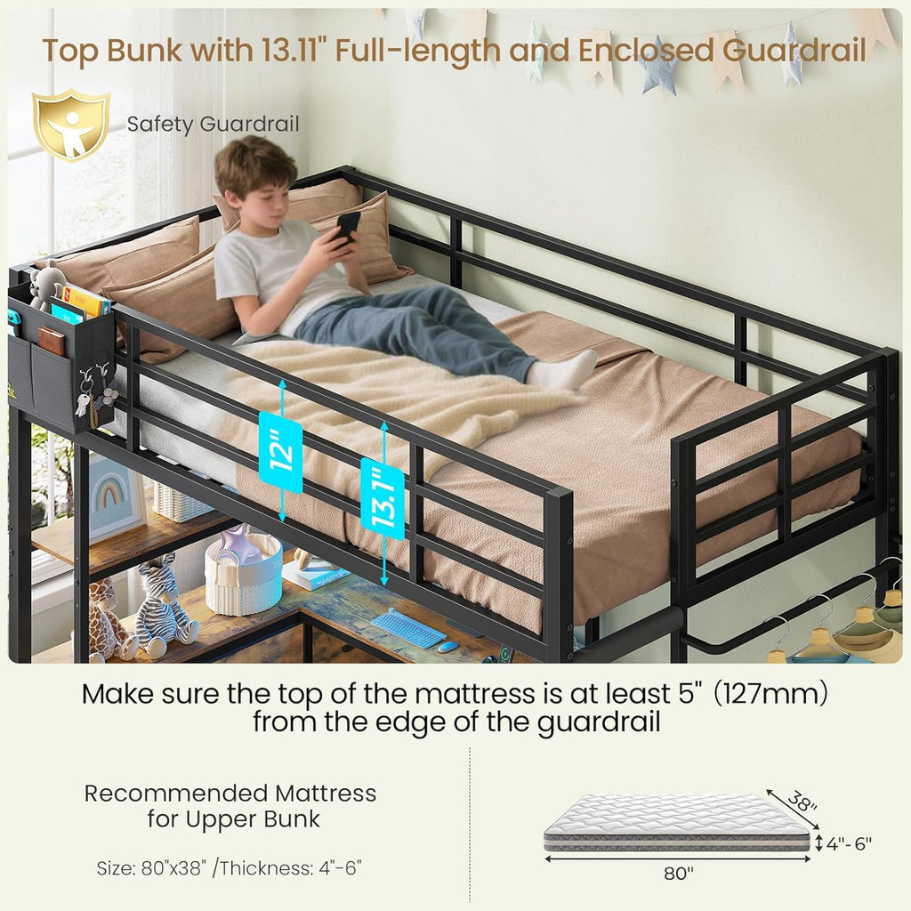 Bunk Bed with L-Shaped Desk,5 Storage Drawers and 2 Shelves Metal Twin XL Over Twin Bunk Bed with LED Lights and