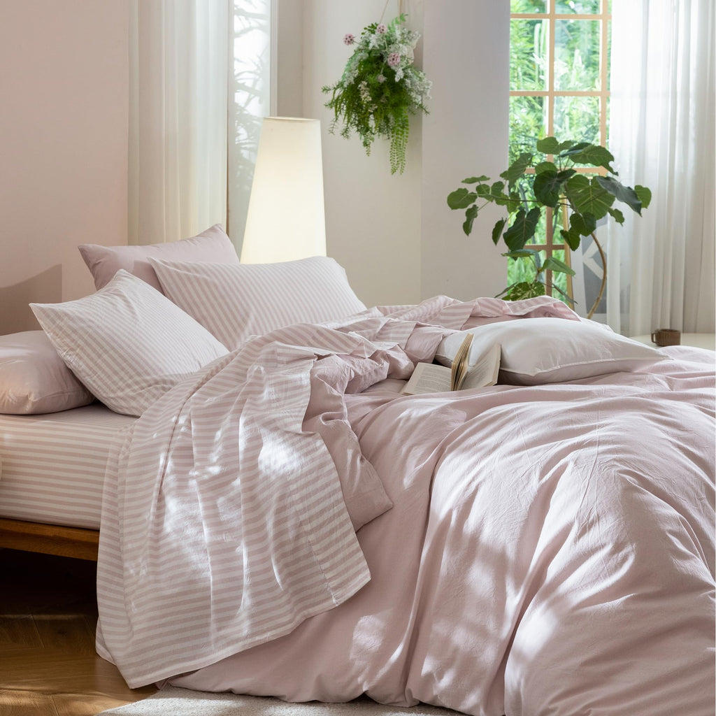 King Washed Cotton Sheet Set, 4-Piece, Linen-Like Stripe