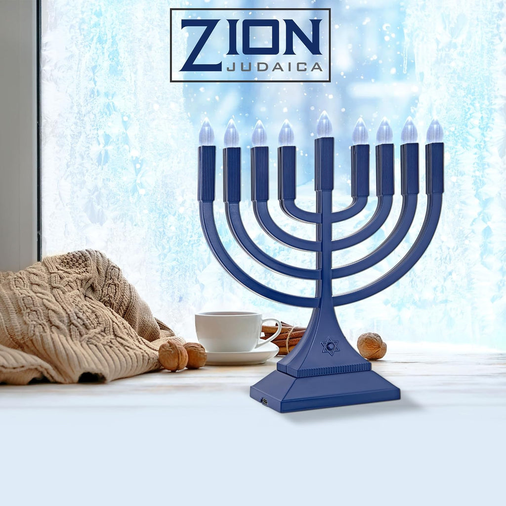 Zion Judaica 9" LED Hanukkah Blue Powered by Batteries or Included 3' USB C Cable Flameless Chanukkah Candles Holder