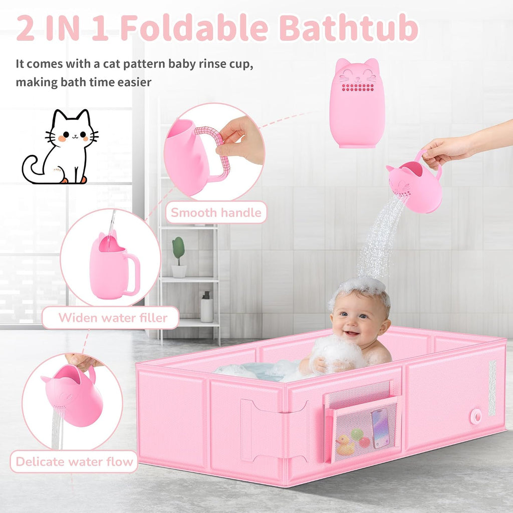 Foldable Baby Bathtub,Infant Tub for Shower, 2 in 1 Portable Toddler Tub with Rinse Cup, No Assembly Easy to