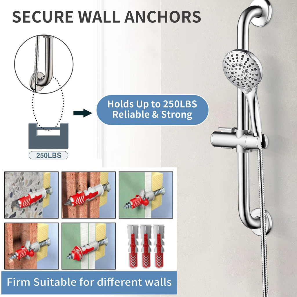 Stainless Steel Grab Bar Set - Includes Handheld Shower Head with Extra Long Hose, Shower Head and Hose Chrome Plated
