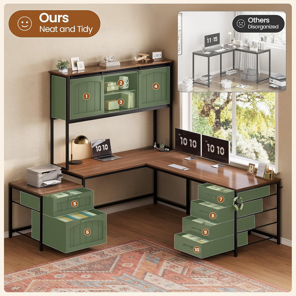 Reversible Farmhouse L-Shaped Desk with Hutch, 6 Drawers, File Drawer & Power Outlets