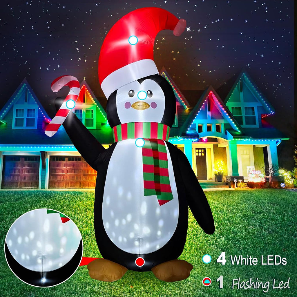 [Flash Light] 12FT Giant Christmas Inflatable Penguin Wear Santa Hat & Scarf Hold Candy Cane Decoration, Christmas