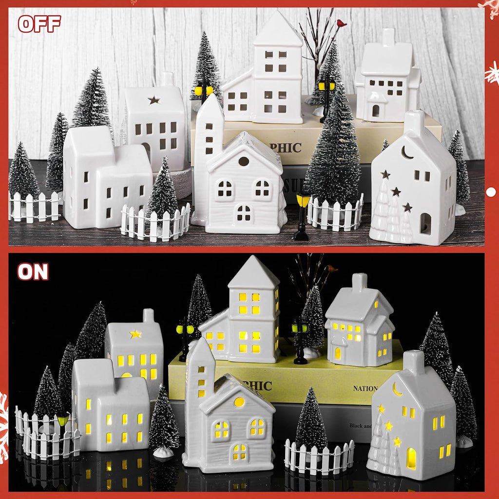 37 Pieces Porcelain Christmas Village Sets 6 Lighted Ceramic Houses with Remote Control LED Tealights, 14 Trees
