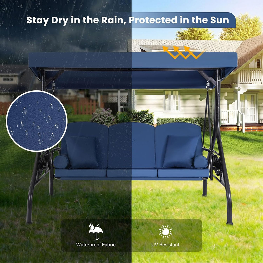 3 Seat Outdoor Porch Swing with Adjustable Canopy,2 in 1 Patio Swing Bed with Stand 800lbs for Adults,Outdoor Swing