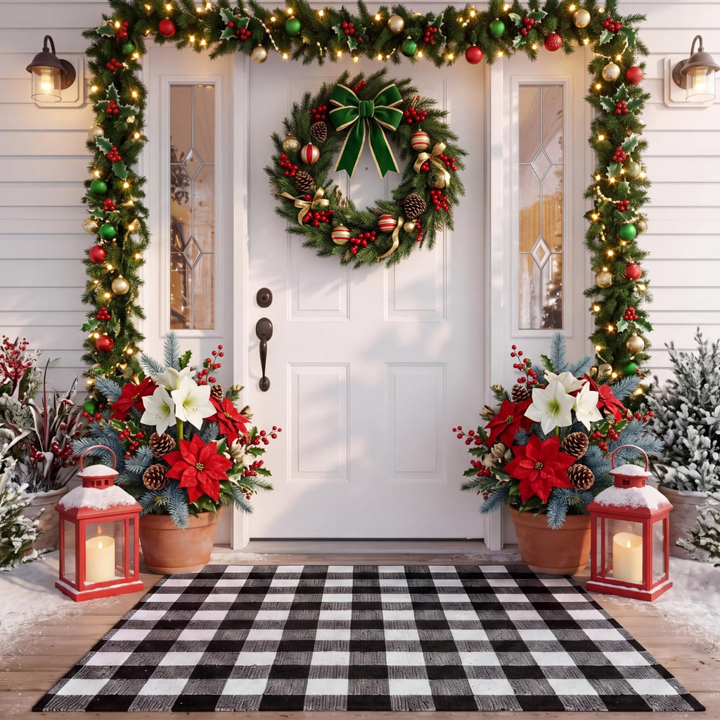 4' x 6' Christmas Outdoor Rug, Plaid Buffalo, Black and White