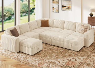 Oversized Corduroy Sleeper Sectional Sofa with Pull Out Bed, Beige