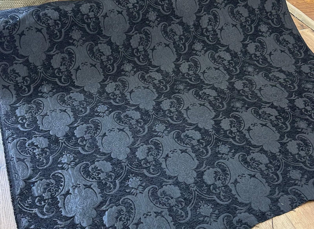 Damask, Chenille, Upholstery, Drapery Fabric, Sold By the Yard 58" Wide (Black/Black)