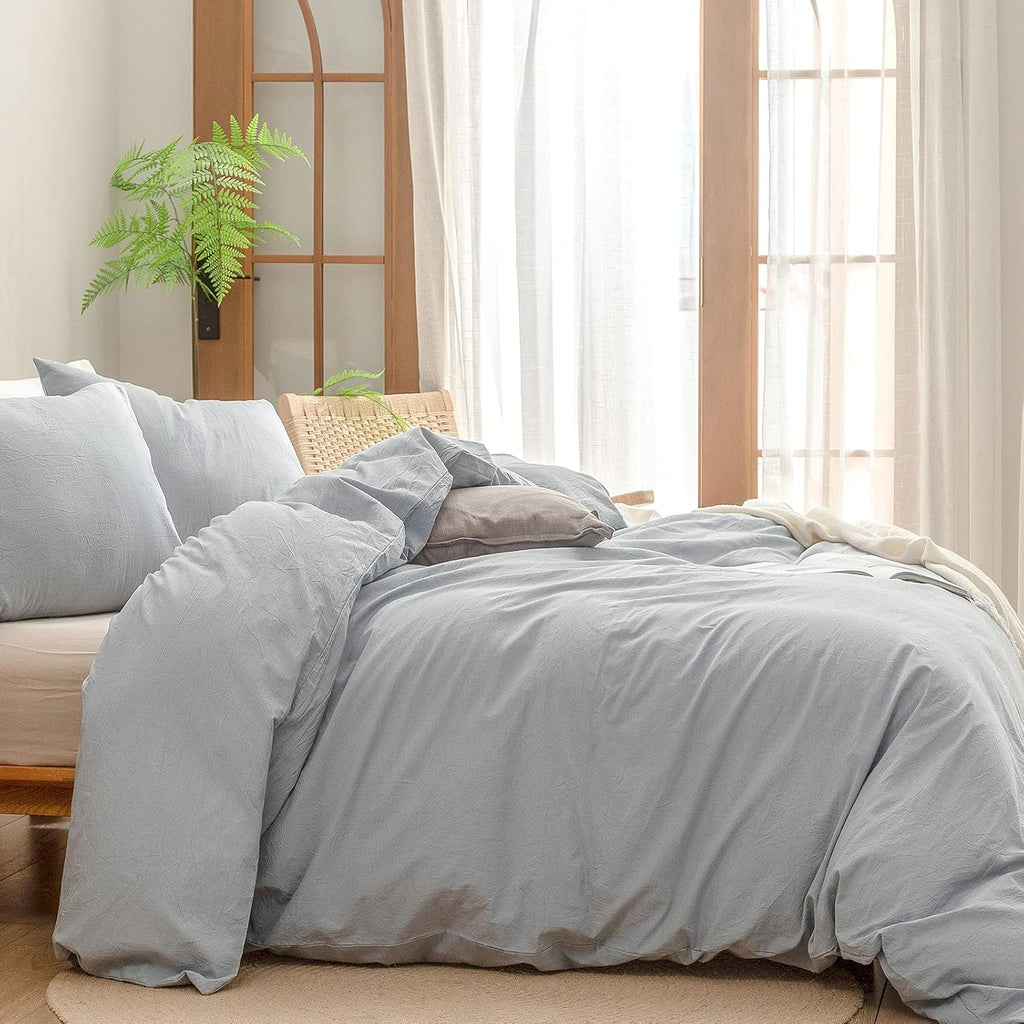 Cotton Solid Duvet Cover Set Linen Feel Cornflower Blue King | Washed Cotton, Linen Feel, Soft Wrinkle Texture