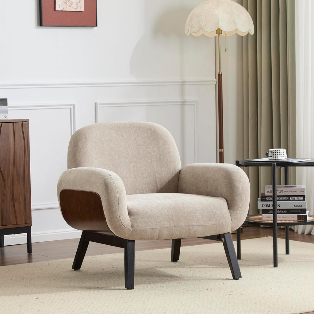 Audrey Modern Fabric Upholstered Accent Chair, Living Room Low Profile Fabric Armchair, Wooden Comfy Reading Chair