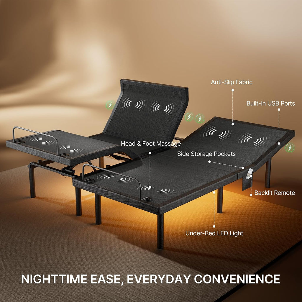 Split King Adjustable Bed Set, 3-Motor Adjustable Bed with Massage, Head & Foot Lift, Headrest Tilt, Zero Gravity - Set of 4