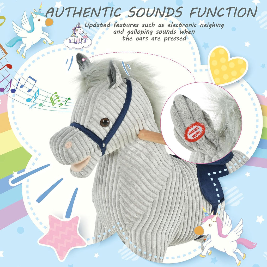 Kids Rocking Horse for Toddler 3-5 Plush with Realistic Sounds Gray